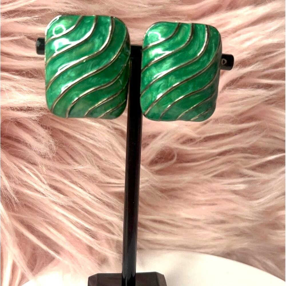 Vintage KOKO Green Enamel Square Clip-On Earrings, Statement Fashion Jewelry